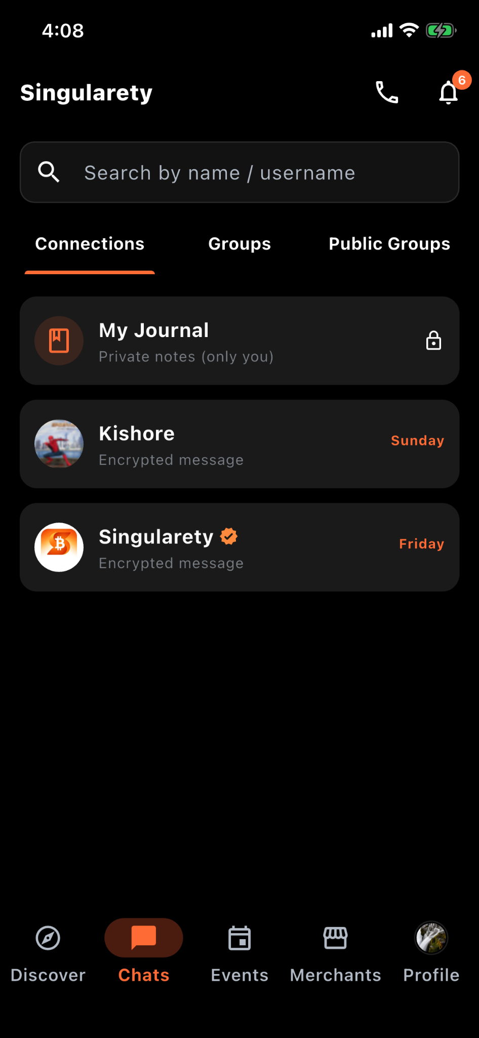 Singularety chats screen