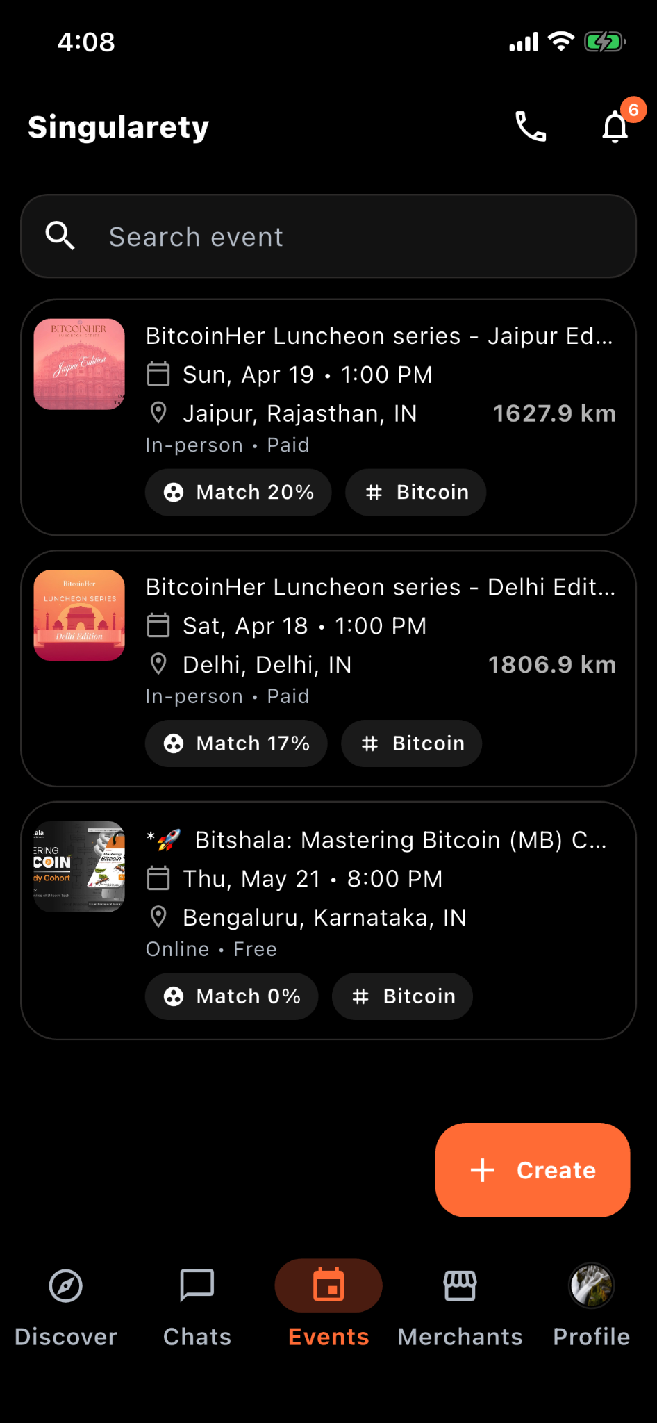Singularety events screen