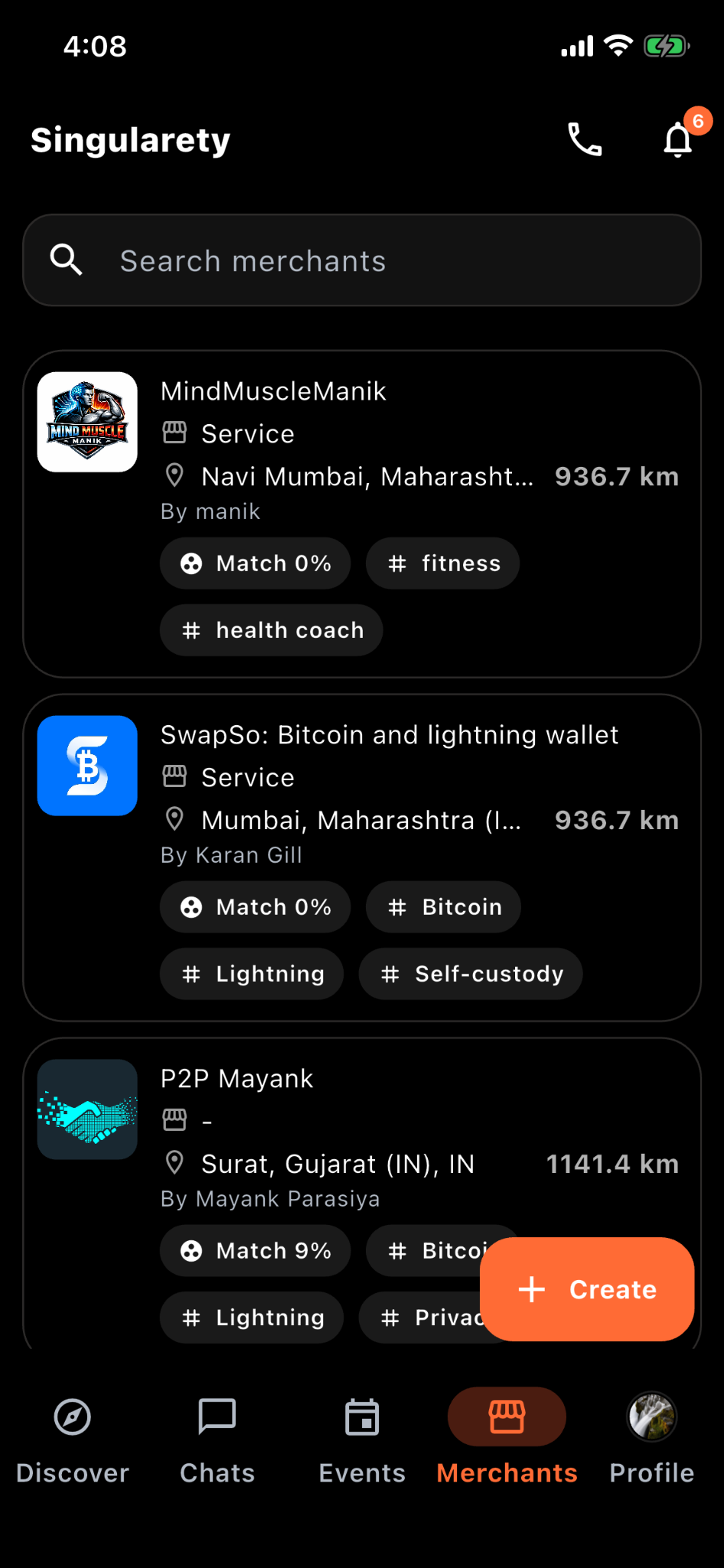 Singularety merchants listing screen