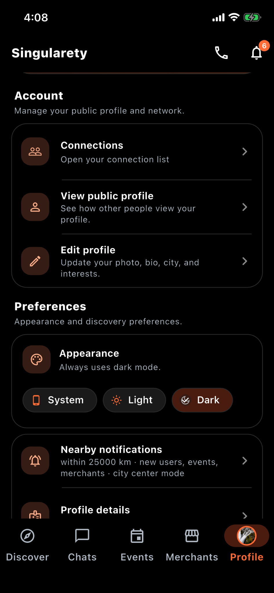 Singularety profile and preferences screen
